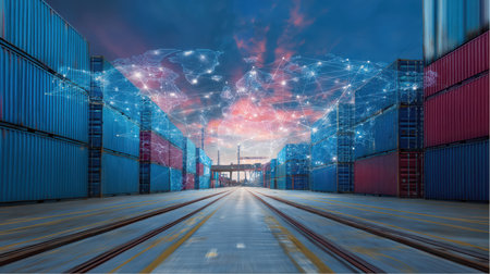 Rows of colorful shipping containers are stacked high in a shipping yard, with digital connections forming a global network overhead. Tracks run along the ground.の素材
