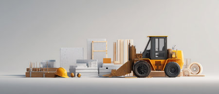 A yellow loader truck sits next to building materials. Construction items, including lumber, cement blocks, a frame, and a hard hat, are displayed on a white surface.の素材