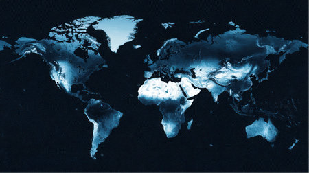 A map of the World is displayed with varying shades of blue to show elevation. The Middle East and Northern Africa appear brightest, highlighting the arid landscape.の素材