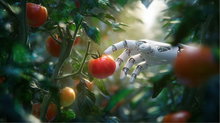 A white robotic arm reaches toward a red ripe tomato growing on a vine within a farm. The setting shows indoor, vertical farming with many healthy tomato plants under bright light.の素材