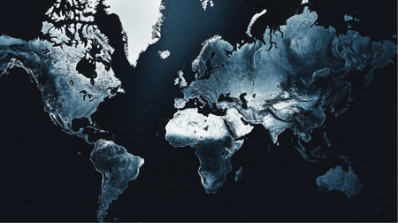 An artistic representation of the World map is displayed. The continents are rendered in shades of dark blue and white, while Africa appears brighter. All is against a solid black background.の素材