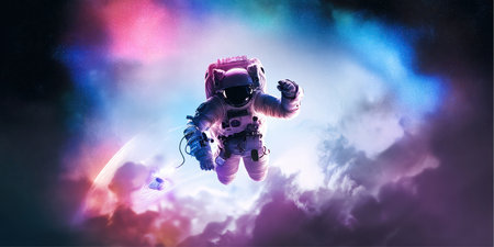 An astronaut in a spacesuit is floating amidst a vibrant nebula. Clouds of purple, pink, and blue surround the astronaut. A distant planet is visible on the left side.の素材