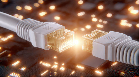 Two white ethernet cables are about to be connected. A bright light is emitted where the connection will be made, representing data transfer on a dark circuit board.の素材
