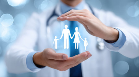 A doctor in a white coat uses their hands to protect a glowing family figure, symbolizing safety, care, and the importance of health insurance for families.の素材