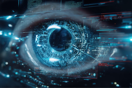 A human eye displays an overlay of complex, bright blue digital data streams and elements of a futuristic interface, symbolizing advanced technology and data processing.の素材