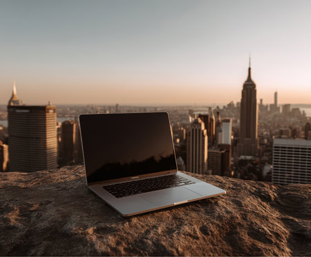A laptop sits on a rooftop ledge. In the background, the New York City skyline is visible, including the Empire State Building. The scene occurs during the day with natural light.の素材