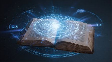An open old book with yellowed pages floats. Intricate glowing symbols surround it, bathing it in a bright blue aura. The book and symbols evoke magic and fantasy.の素材