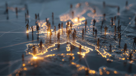 People are standing on a digital Europe map, connected by glowing lines. The map has city lights illuminating the outlines of countries. Suggests globalization and connectivity.の素材