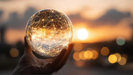A hand is holding a glowing, spherical network of interconnected lights. The background shows a soft, blurred sunset, creating a warm and ethereal atmosphere.の素材