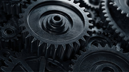 Several metal gears of varying sizes interlock, forming a close-up of a complex mechanical system. The dark metal is textured, suggesting age or wear.の素材