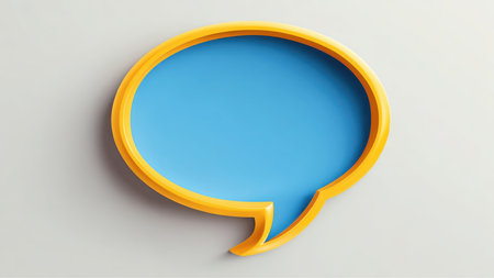 A vibrant blue speech bubble outlined in bright yellow rests against a clean white surface. The design is simple and modern, offering substantial empty space for text.の素材