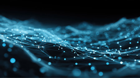 A digital network is illustrated with a black background, showing abstract connected light blue dots and lines, representing data transmission or a technological connection.の素材