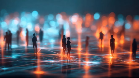 Several silhouetted figures walk across a glowing network of orange and blue lights. The figures appear small against the illuminated backdrop, suggesting a digital or virtual environment.の素材