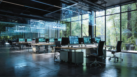 An open office showcases various computers displaying complex data. Large windows reveal a scenic forest view, seamlessly blending technology and nature.の素材