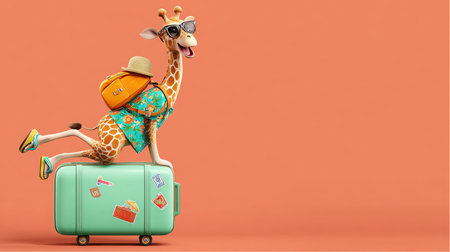 A cartoon giraffe is on vacation. The giraffe wears sunglasses, a floral shirt, and a backpack. He poses on top of a mint green suitcase with travel stickers against a peach background.の素材