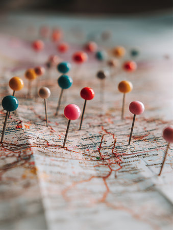 Close-up shows a paper map with numerous colorful pushpins indicating various locations, likely marking travel destinations or planned routes, possibly within the United States.の素材