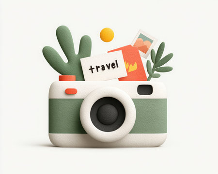 A cartoon style camera is filled with a postcard, passport, travel note, and plants, indicating a desire for travel, vacation planning, or tourism related content.の素材