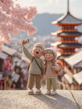 Two animated characters stand close together taking a selfie in Kyoto, Japan. Cherry blossoms and the Kiyomizu-dera Pagoda are visible in the background. They are on vacation.の素材