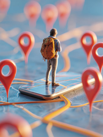A traveler with a backpack stands on a smartphone with a mapping application showing roads. Red location pin icons surround the phone on a stylized map. The traveler may be planning a trip.の素材