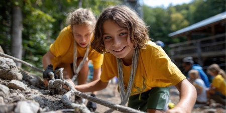 Two smiling children wearing yellow shirts and ropes are climbing a rocky terrain during daytime at a Summer camp. Other children are seen in the background.の素材