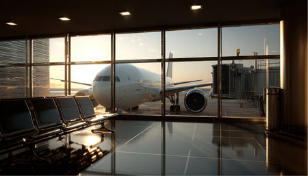 View of a large passenger airplane outside of a modern airport terminal through a large window. Empty seats are visible in the foreground. The sun is setting or rising outside.の素材