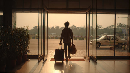 A person exits an airport terminal through glass doors with a suitcase and bag. A taxi waits outside the terminal. Trees are visible in the background as evening light shines.の素材