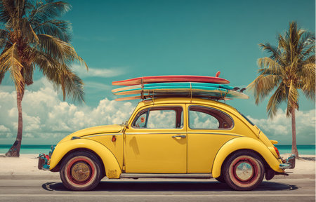 A vintage yellow volkswagen Beetle is parked on a road next to a tropical beach. Several colorful surfboards are strapped to the roof of the car.の素材