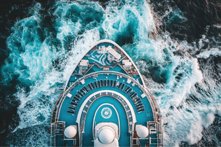 The upper decks of a large, blue cruise ship cut through the turbulent water. Sunlight illuminates the waves and the ship. Deck chairs appear empty, awaiting passengers.の素材