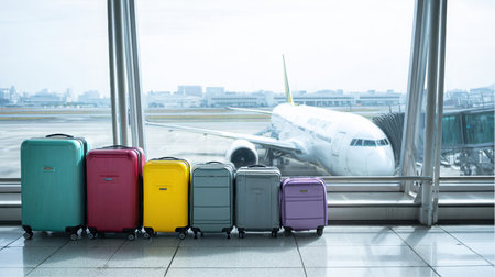Six pieces of colorful luggage wait in an Airport. The suitcases are lined up against a window. Outside, a jetway is attached to a white passenger plane.の素材