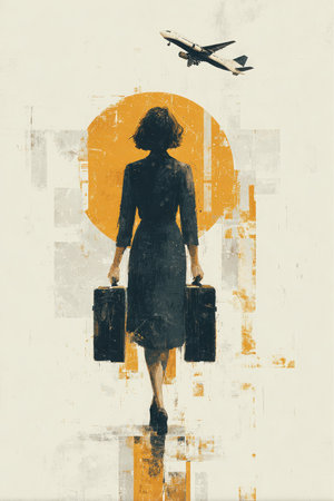 A woman is walking away with two suitcases as a jet plane is flying overhead during the day. The scene is presented as a painting with city elements in the background.の素材