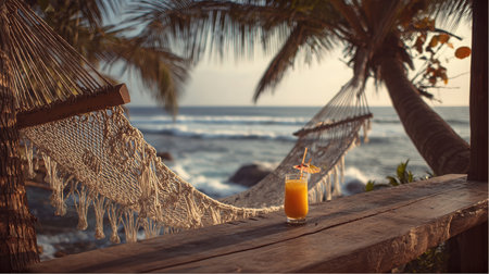 A refreshing orange juice sits on a weathered wood deck next to a hammock. Palm trees frame the ocean view at a tropical destination, offering a peaceful retreat.の素材