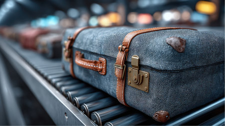 At the airport, a vintage blue denim suitcase with brown leather straps is on a baggage claim conveyor belt. Other suitcases are behind it on the rolling belt system.の素材
