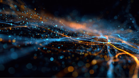 A complex, abstract representation of a digital network is shown, with glowing streams of blue and orange data flowing across a dark background.の素材