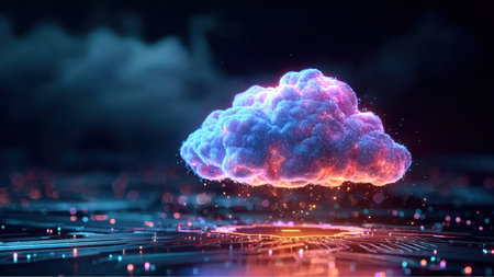 A fluffy cloud, glowing with purple, blue, and orange lights, hovers above a stylized electronic circuit board, suggesting cloud computing technology and data transfer.の素材