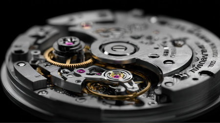 A detailed macro focuses on the inner workings of a watch. Precision gears and components are displayed with red jewels, highlighting the complexity of the timepiece.の素材