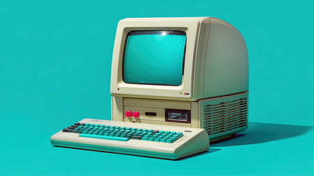 Retro personal computer with a separate monitor and keyboard are displayed against a turquoise backdrop. The screen appears to be on and glowing.の素材