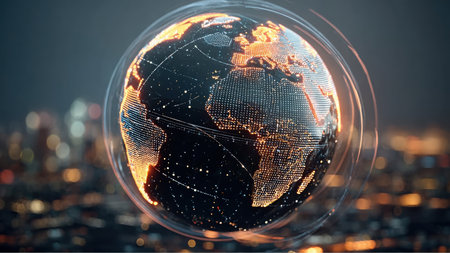 A glowing digital representation of planet Earth with lines connecting continents is visible. A soft focus cityscape and a subtle circular frame add to the futuristic aesthetic.の素材