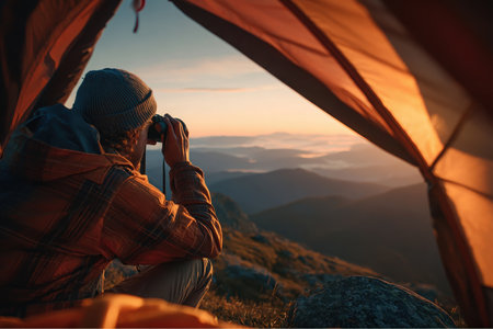 A person wearing a beanie and flannel shirt sits inside a tent on a mountain, looking through binoculars at the distant sunrise illuminating the peaks and valleys.の素材