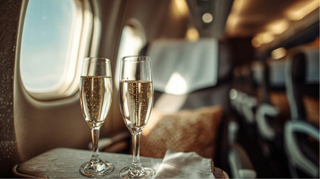 Two filled champagne glasses sit on a table inside a luxurious airplane cabin near a window showing a view of the blue sky. The background displays seats and pillows.の素材