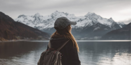 A young woman with long brown hair and a backpack stands by a calm lake. She wears a cap and hoodie. In the distance, snowy mountains are visible under a cloudy sky, creating a peaceful landscape.の素材