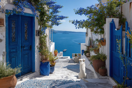 A white dog sits on a blue and white cobblestone path in Oia, Santorini. The path leads to a view of the Aegean Sea. Blue flowers hang from whitewashed buildings.の素材