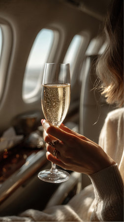 A woman is sitting on an airplane holding a glass of champagne. The glass is in focus, and the airplane window and seat are out of focus in the background.の素材