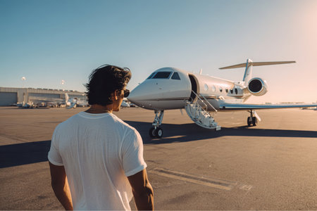 A man wearing a white t-shirt and sunglasses stands on an airport tarmac, looking towards an open, white private jet in sunny daylight. The jet has its door open with the stairs extended.の素材