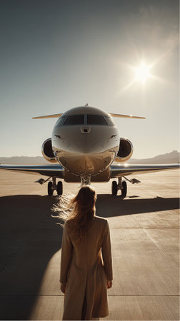 On a sunny day, a woman in a coat stands looking toward a private jet on an airfield. Mountains can be seen in the distance behind the parked aircraft.の素材