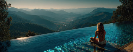 A woman is seen from the back, sitting at the edge of an infinity pool, looking out at a vista of green mountains on a bright day. Water reflects sunlight.の素材