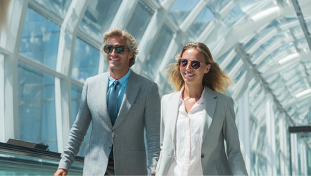 A blonde woman and a fair-haired man in gray suits ride the escalator in an Airport terminal. They are both smiling and wearing sunglasses. The terminal has a clear blue roof.の素材