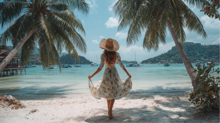 A woman in a long white dress and a hat walks on the beach at Ko Tao, Thailand. Tropical palm trees surround her as she approaches the turquoise water on a sunny day.の素材