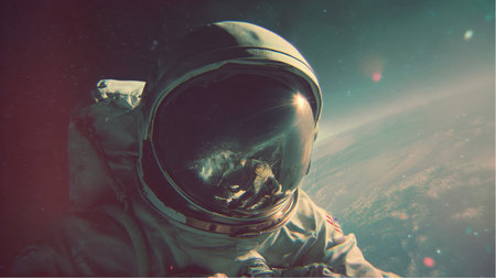 An astronaut drifts in the vastness of space. He wears a white spacesuit and a reflective helmet. Planet Earth is visible in the background, creating a sense of isolation and exploration.の素材