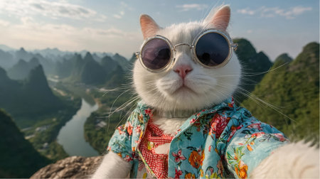 A white cat with sunglasses and a floral shirt poses for a selfie. The cat is on top of a mountain overlooking the Karst Mountains and the Li River in Guilin, China.の素材