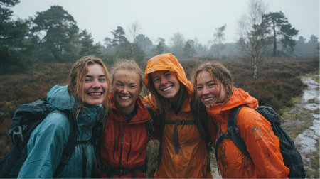 Four young women wearing rain jackets and backpacks smile and embrace each other. They are hiking through nature on a rainy day near the Veluwe National Park in the Netherlands.の素材